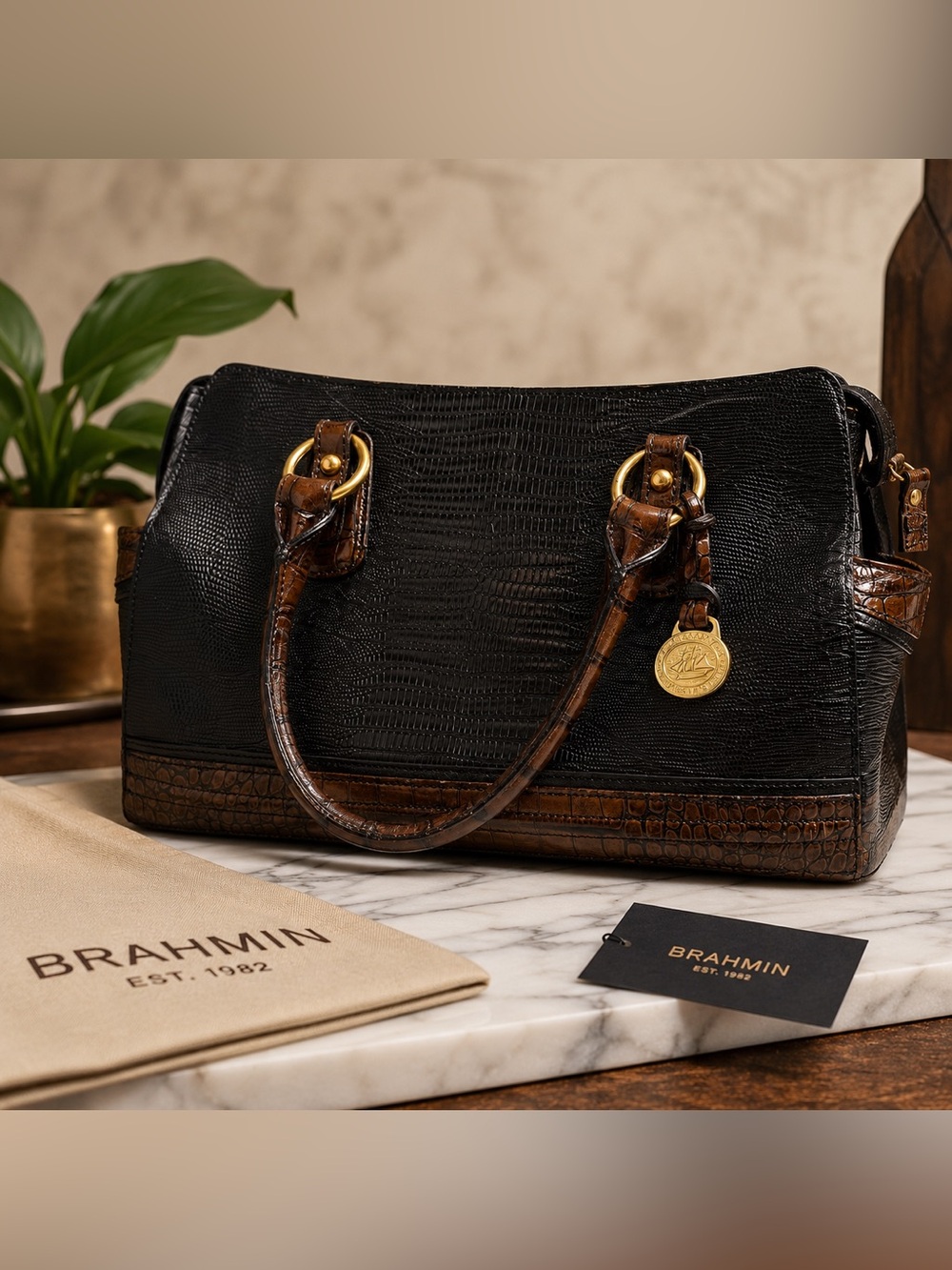Brahmin Black and Brown Croc-Embossed Leather Satchel with Gold Hardware